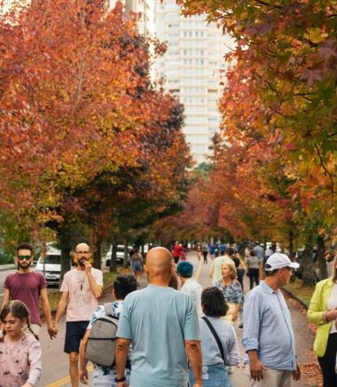 People of all ages walking a park path under autumn trees
